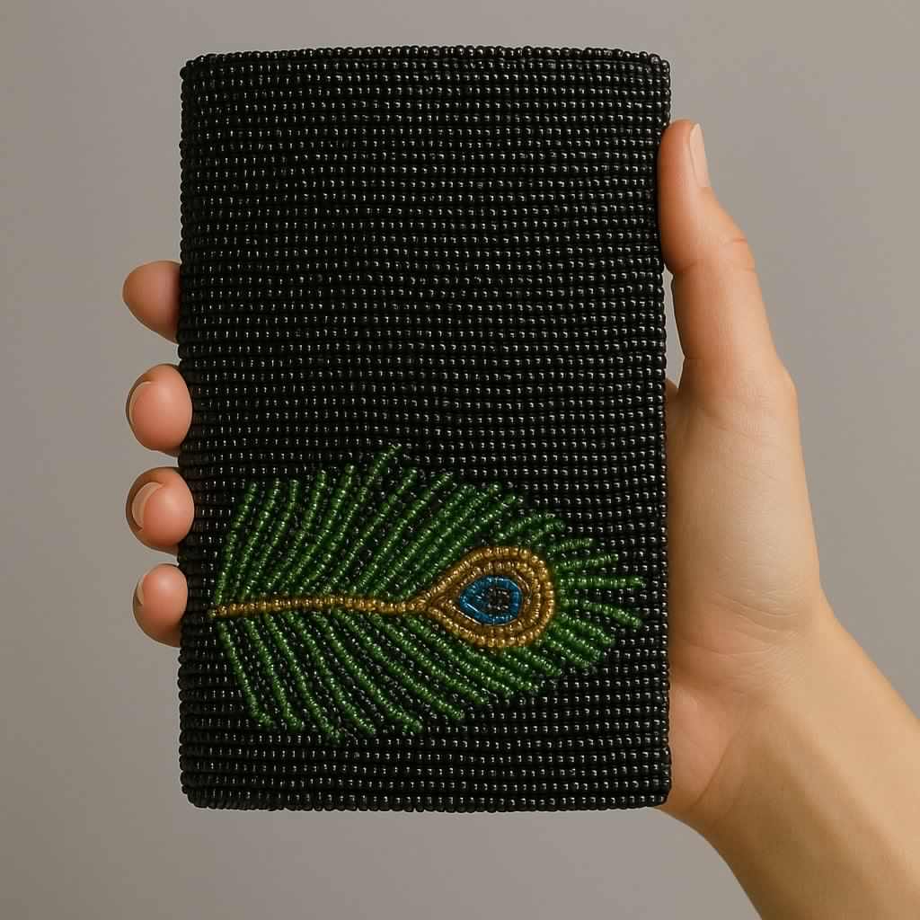 Elegant Black Beaded Clutch - Peacock Feather Design