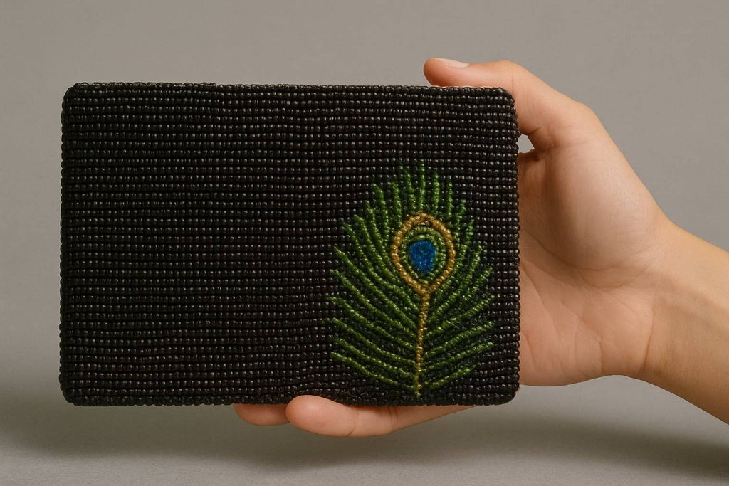 Elegant Black Beaded Clutch - Peacock Feather Design
