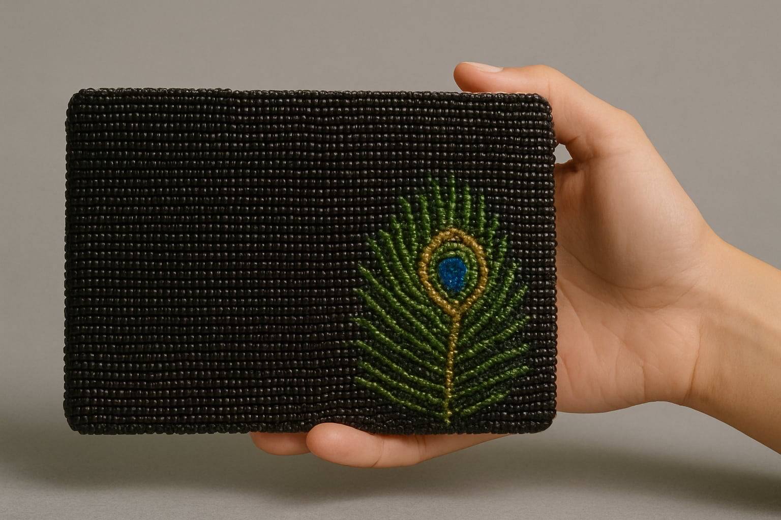 Elegant Black Beaded Clutch - Peacock Feather Design