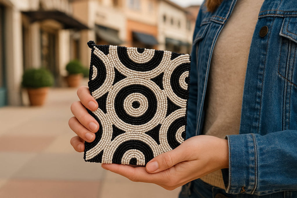 Black & White Hand-Beaded Geometric Clutch – Elegant Evening Bag