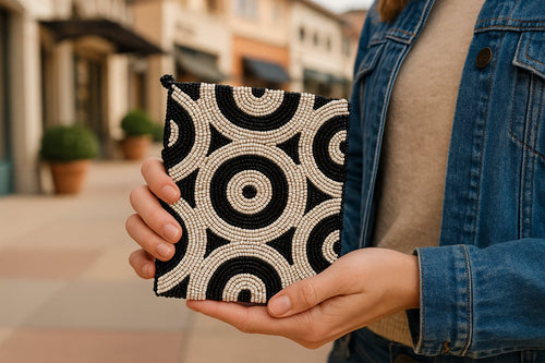 Black & White Hand-Beaded Geometric Clutch – Elegant Evening Bag