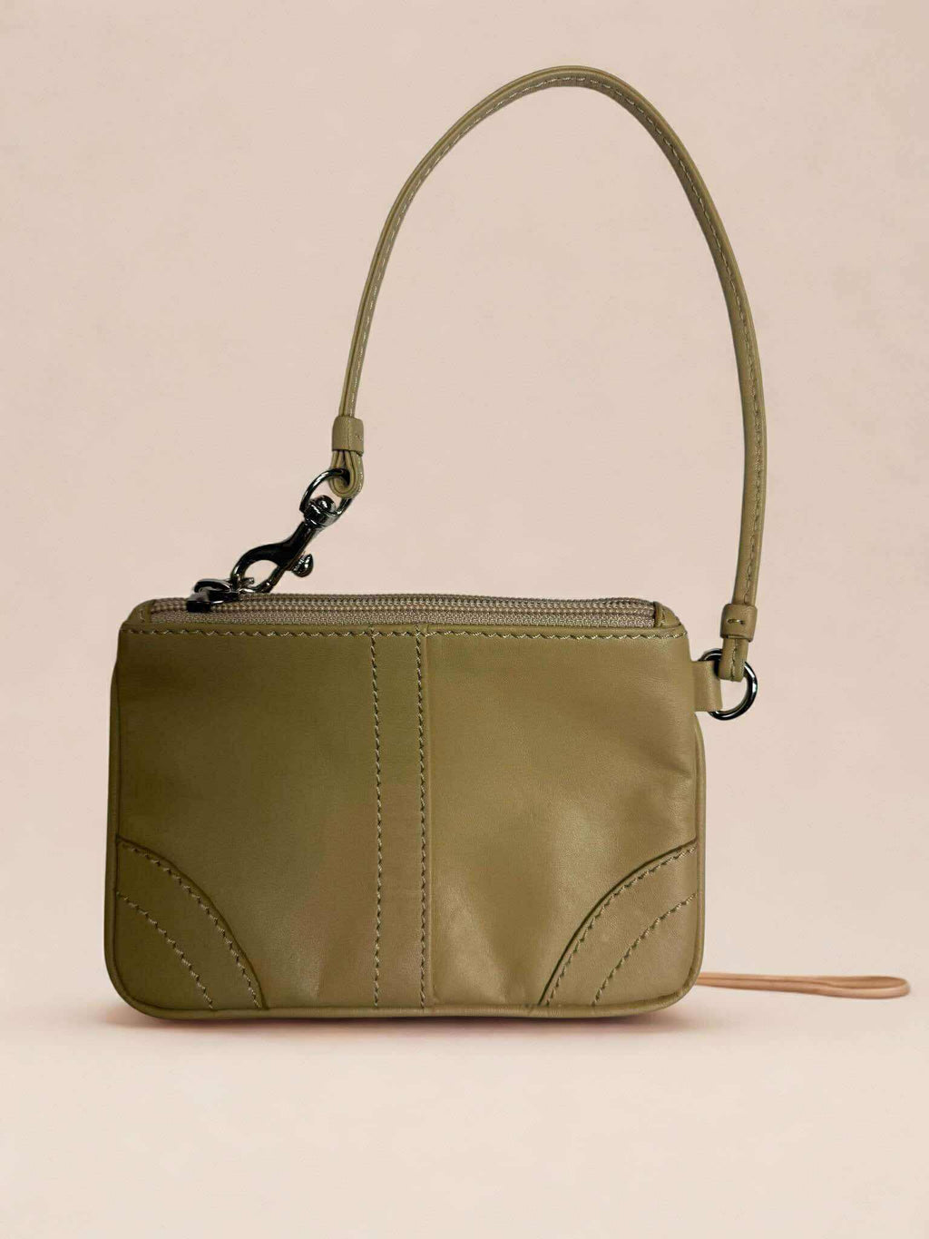 Olive Green Leather Wristlet Purse – Minimalist Compact Zip Clutch