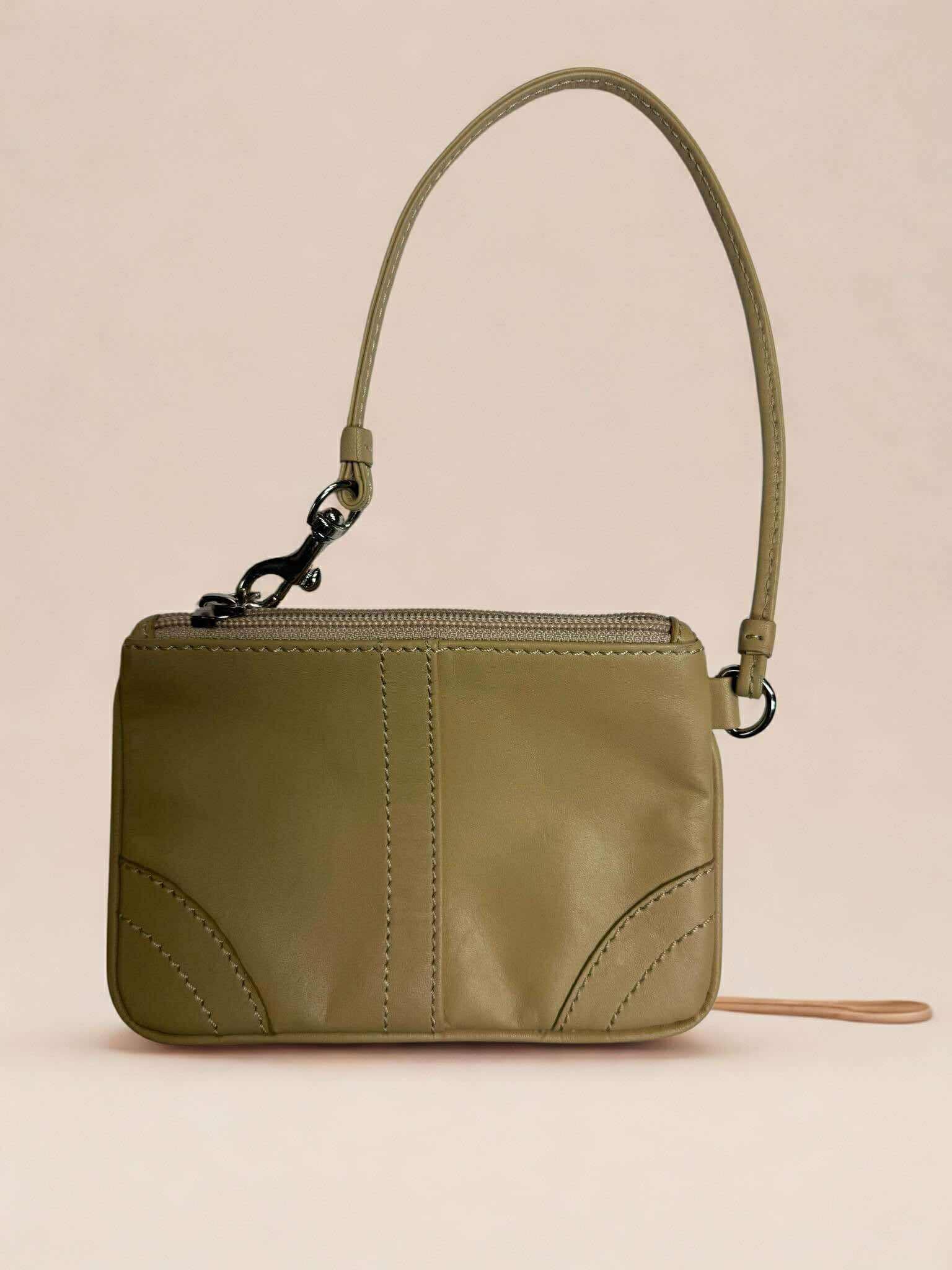 Olive Green Leather Wristlet Purse – Minimalist Compact Zip Clutch