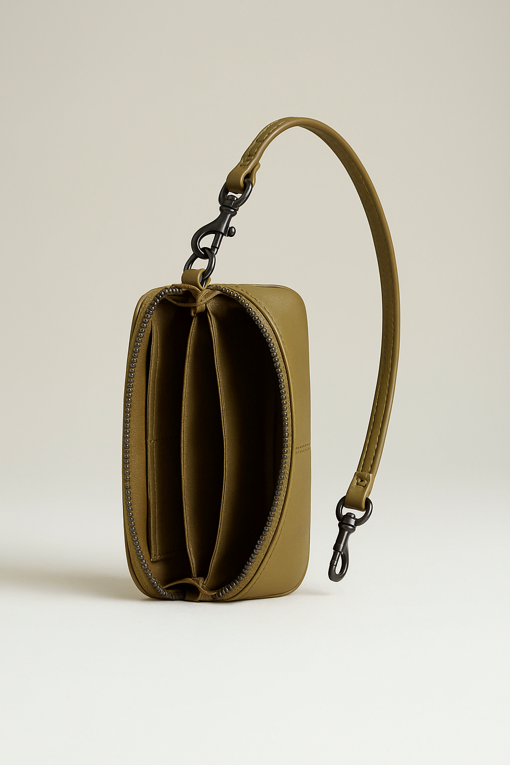 Olive Green Leather Wristlet Purse – Minimalist Compact Zip Clutch