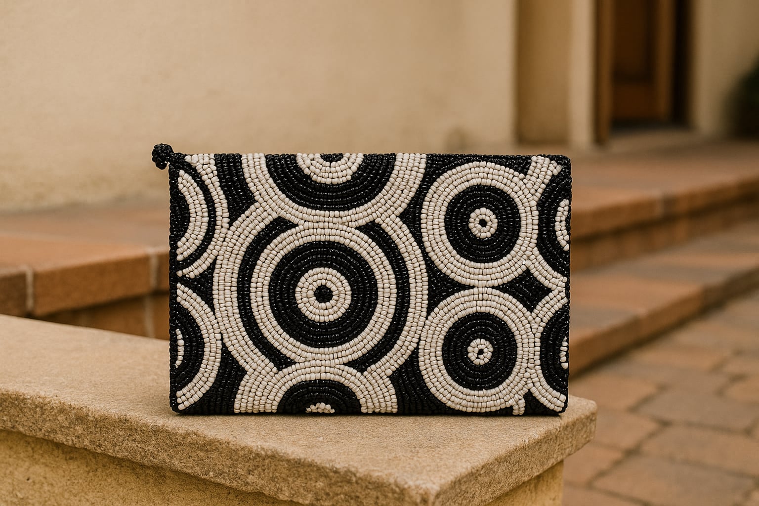 Black & White Hand-Beaded Geometric Clutch – Elegant Evening Bag