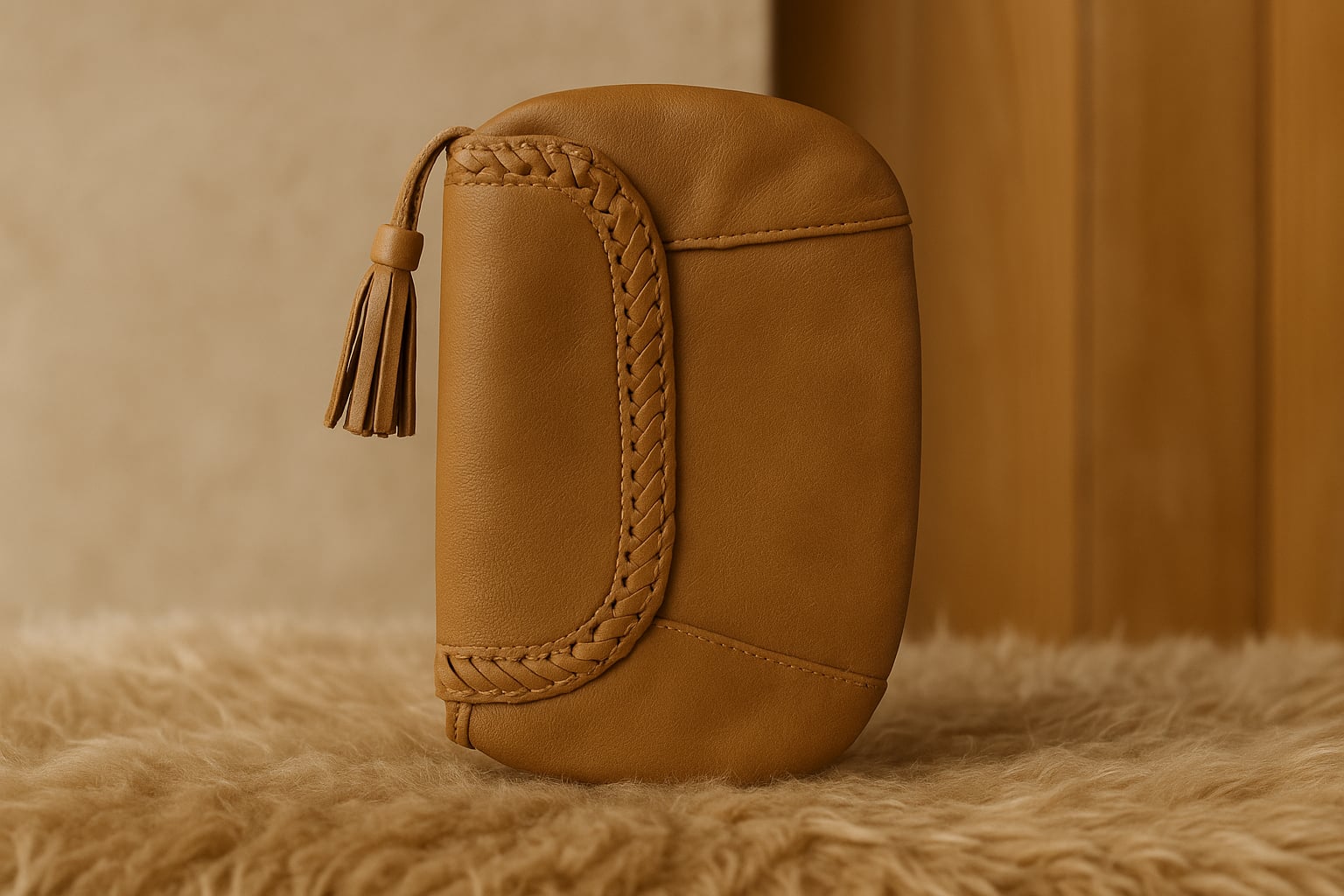 Handcrafted Tan Leather Pouch with Braided Trim & Tassel | Artisan Accessory